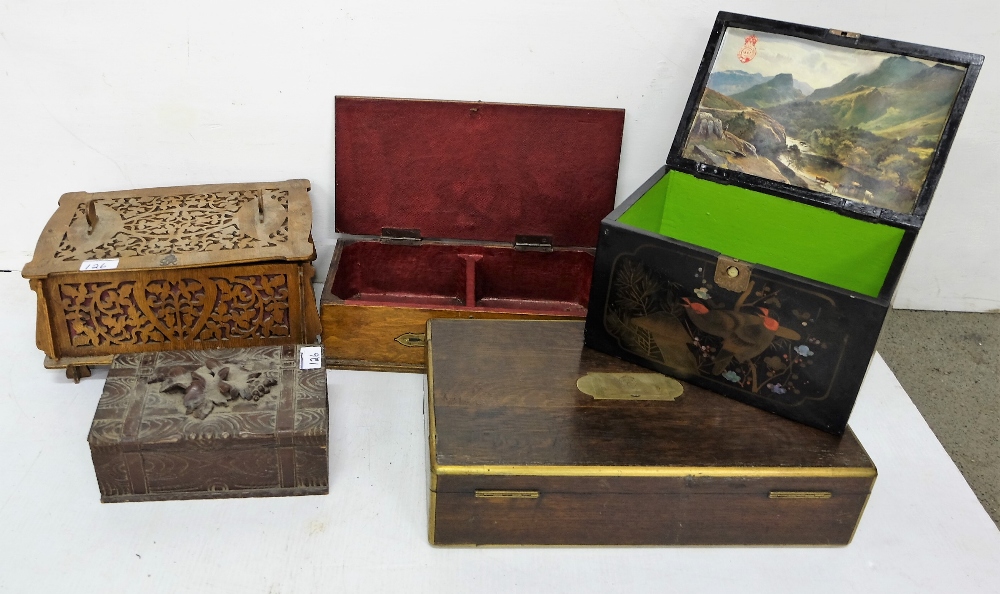 5 wooden document boxes with hinged tops (inlaid etc)