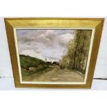Oil on Canvas, Figures on a Country Pathway, gold frame, 24” x 19”