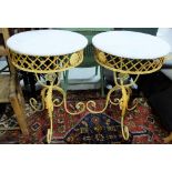 Matching Pair of White Marble topped Garden Tables, on fretwork style bases, 27”h x 20” dia