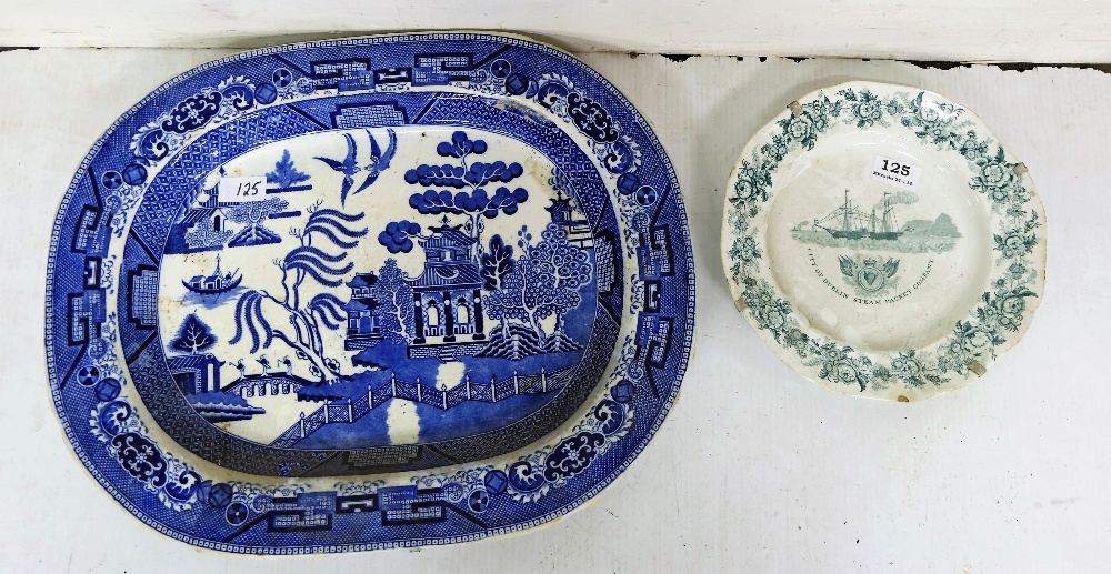 Willow pattern blue/white meat plate and a wall plate stamped "Steam Packet Company" (stamped