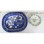 Willow pattern blue/white meat plate and a wall plate stamped "Steam Packet Company" (stamped