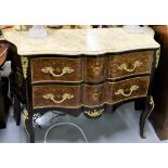 Serpentine Front French reproduction Bombe Cabinet, with shaped beige marble top over 2 drawers,