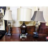 Matching pair of modern table lamps and a similar larger lamp, all with shades, as new (3)
