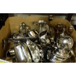 Box of Silver plate including teapots, cups, candlesticks etc