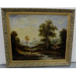 19th Century oil on canvas, figures walking on country path in view of river and town, in a moulded