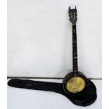 4-String Banjo, in a Rosewood Case, with mother of pearl inlay, also black leather carrying case