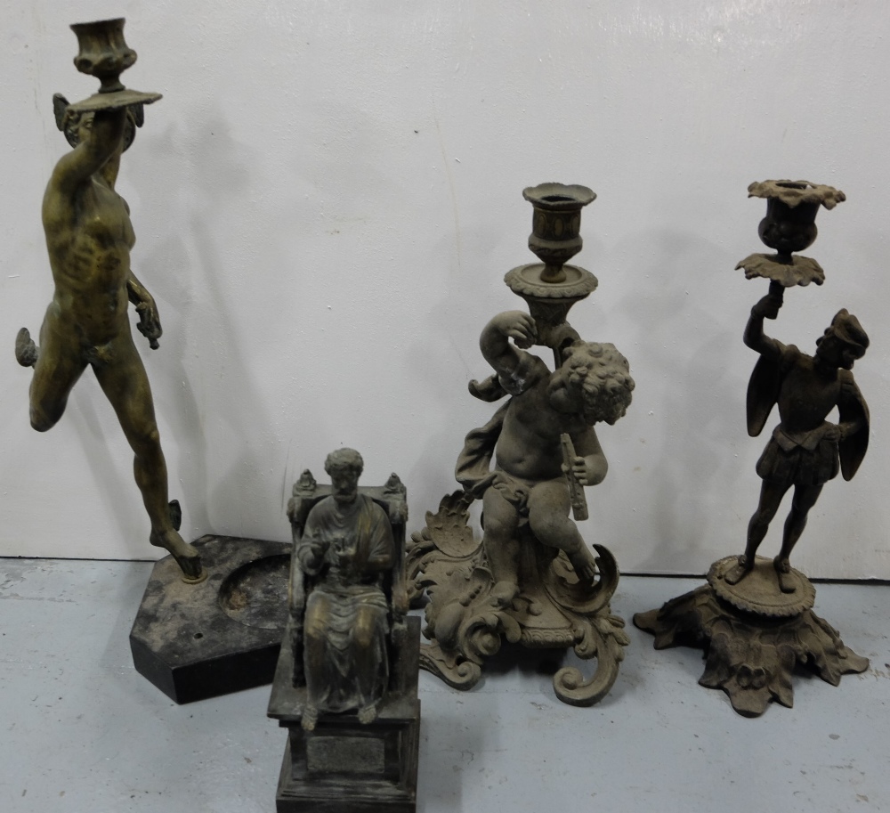 4 spelter figures incl 3 candlesticks – cherub, David etc