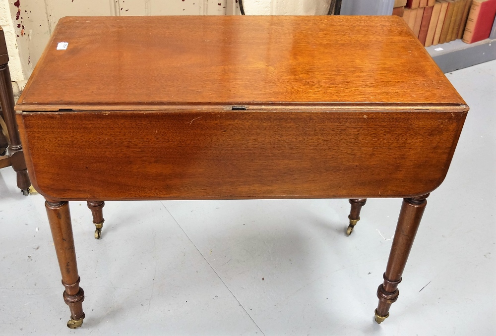 Late 19thC Drop Leaf Mahogany Side Table, on turned legs, 35”l, extends 36”w