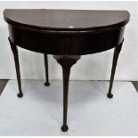 19th Century Mahogany fold over tea table, bow fronted on Queen Anne legs, 33"w x 16"d