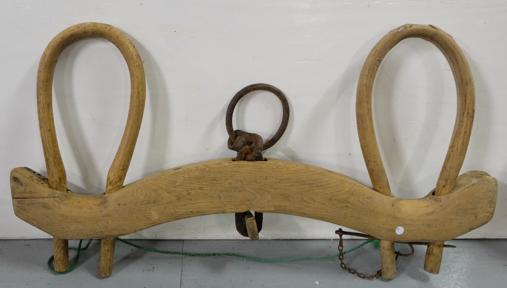 Hardwood oxen yoke with metal ring, 44"w