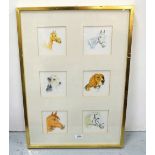 6 small Watercolours (four horses and two dogs), in a single gold frame