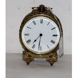 French Brass Framed Mantle Clock, with a white dial and carrying handle, raised on brass feet, 4”