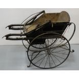19thC Wooden Carriage, painted green, with metal wheels, folding handles, 62”l x 22”w