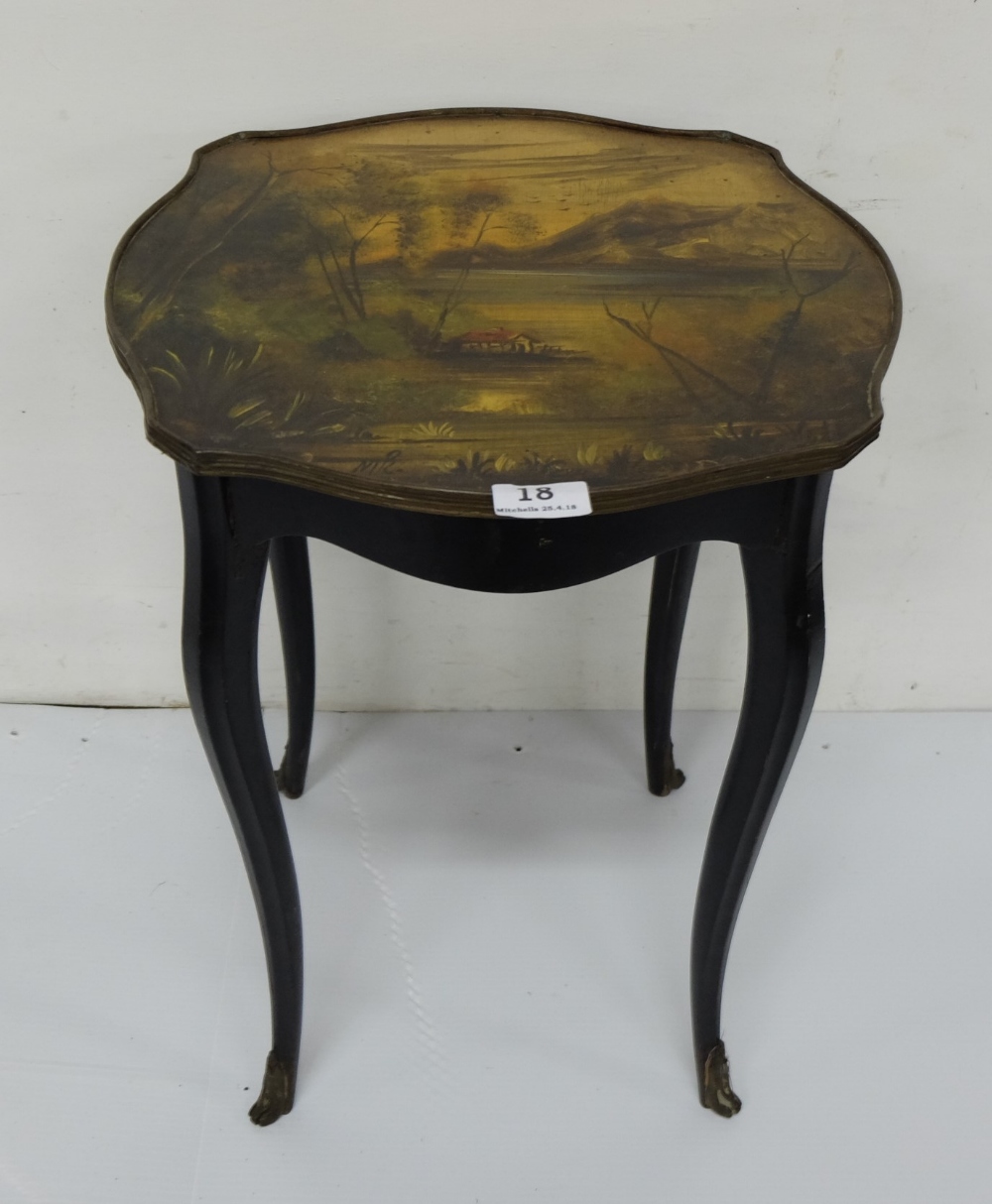 Low occasional table with a painted top, landscape scene, 15”w x 20”h