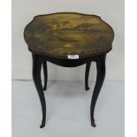 Low occasional table with a painted top, landscape scene, 15”w x 20”h