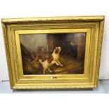 19th Century oil on canvas, 2 cocker spaniels frolicking in a stable, by George Armfield in a fine