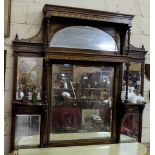 Fine Edw Rosewood Overmantle, intricately inlaid with scrolls and urns, an upper shelf with two