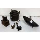 19thC Glue Pot & an oval shaped melting pot & 3 miniature anvils (5)