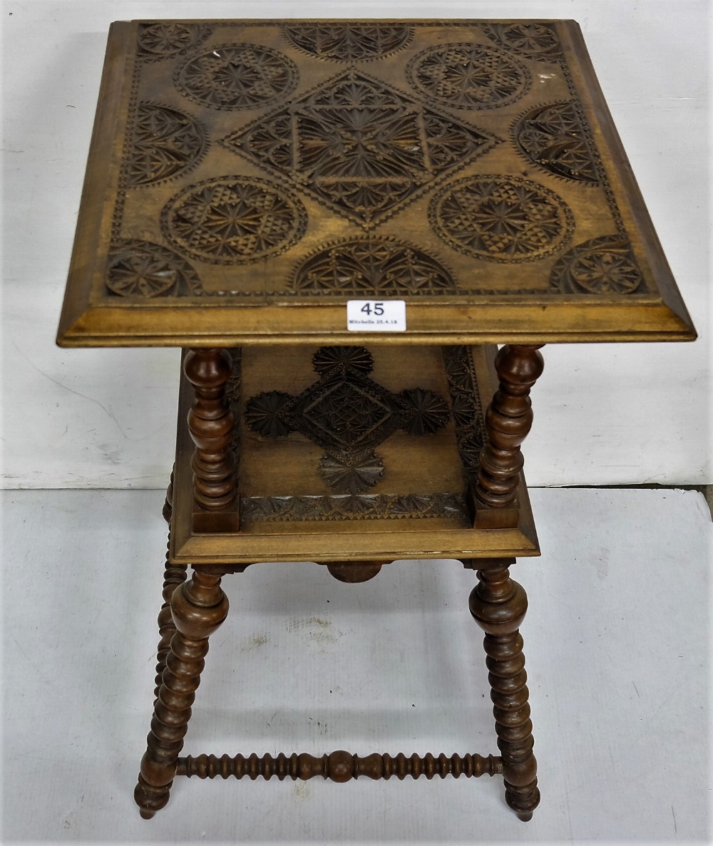 Walnut 2-tiered occasional table with a carved top and centre, bobbin twist legs and stretchers, 17" - Image 2 of 2