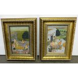 2 x gilt framed Oriental pictures, tea drinking with music group in garden scenes, 7.5" x 11" (2)