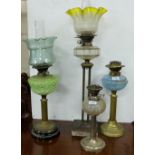 4 oil lamps – 2 with brass bases & 2 with plated bases, all with bowls & 2 with shades (5)