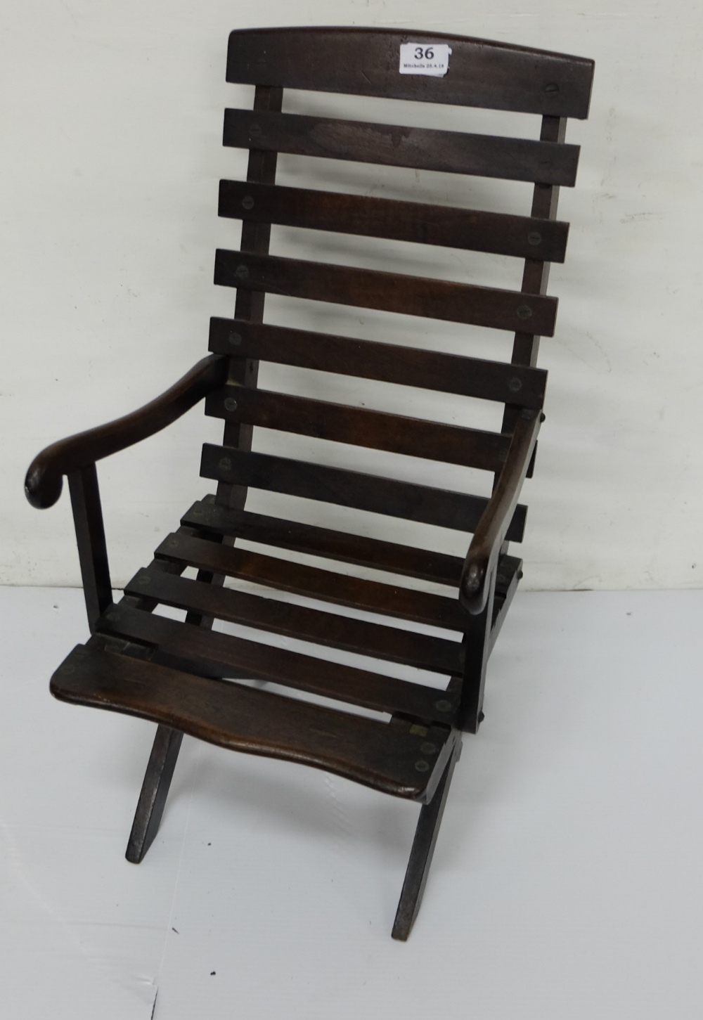 Miniature walnut deck chair with slatted seat and back, 12"w x 24"h