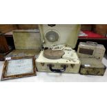2 modern record players, framed wireless licence amateur transceiver, crystal radio (5)