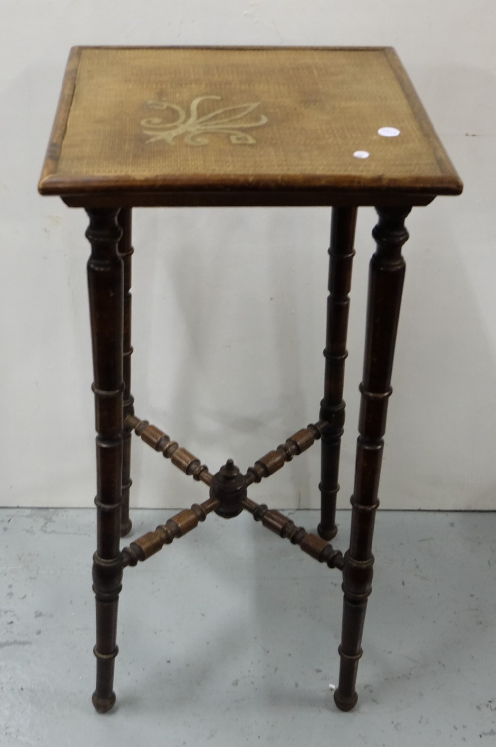 Bamboo style lamp table, 14" square top, over turned legs