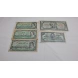 4x Bank of Canada, One Dollar Bank Notes, 1937,1954,1954,1967, The Canadian Bank of Commerce, Five