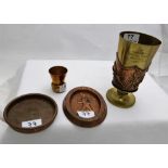 Brass Bowling Cup with copper relief dated 1875 (Bedford Bowling Club), 2 copper adv. ashtrays & a