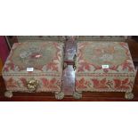 Matching pair of Regency footstools, the tops and sides covered with fine wool work, green and red