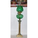 Brass Corinthian Column Oil Lamp with green bowl and green tulip shaped shade