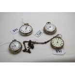 4 silver cased pocket watches, 1 with watch chain (2 with no glass, 1 stamped “Rule Portsmouth”)