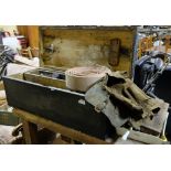 Antique pine toolbox, with contents. Also a petrol pump handle, boot brush, old metal attic stairs