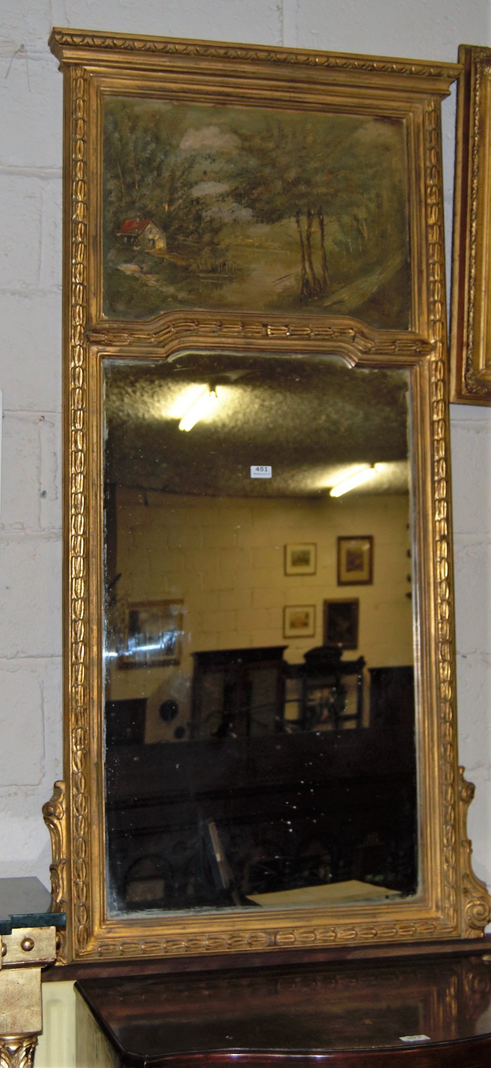 Gilt framed Pier Mirror, the top panel painted with a landscape scene, 2ft” x 63”h