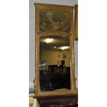 Gilt framed Pier Mirror, the top panel painted with a landscape scene, 2ft” x 63”h