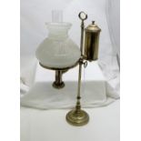 Silver Plated Table Oil Lamp, stamped “Gardners”, Strand London, with a white shade, 21”h