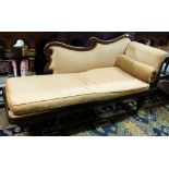 WMIV Mahogany Chaise Longe, with removable padded seat, scrolled side arm, on turned legs, 69”long