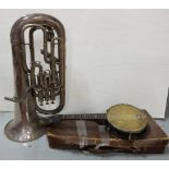 Silver plated trombone, pixiphone, small banjo, flute base (all not working) & a bundle of old