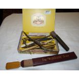 Box of Letter Openers, Pen Knives, cut throat razers and a “Windsor Strop”