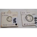 2 X English Victorian Silver Coins – 1 Shilling 1889 (VGC) & 1 x 3 pence, 1895 (2)