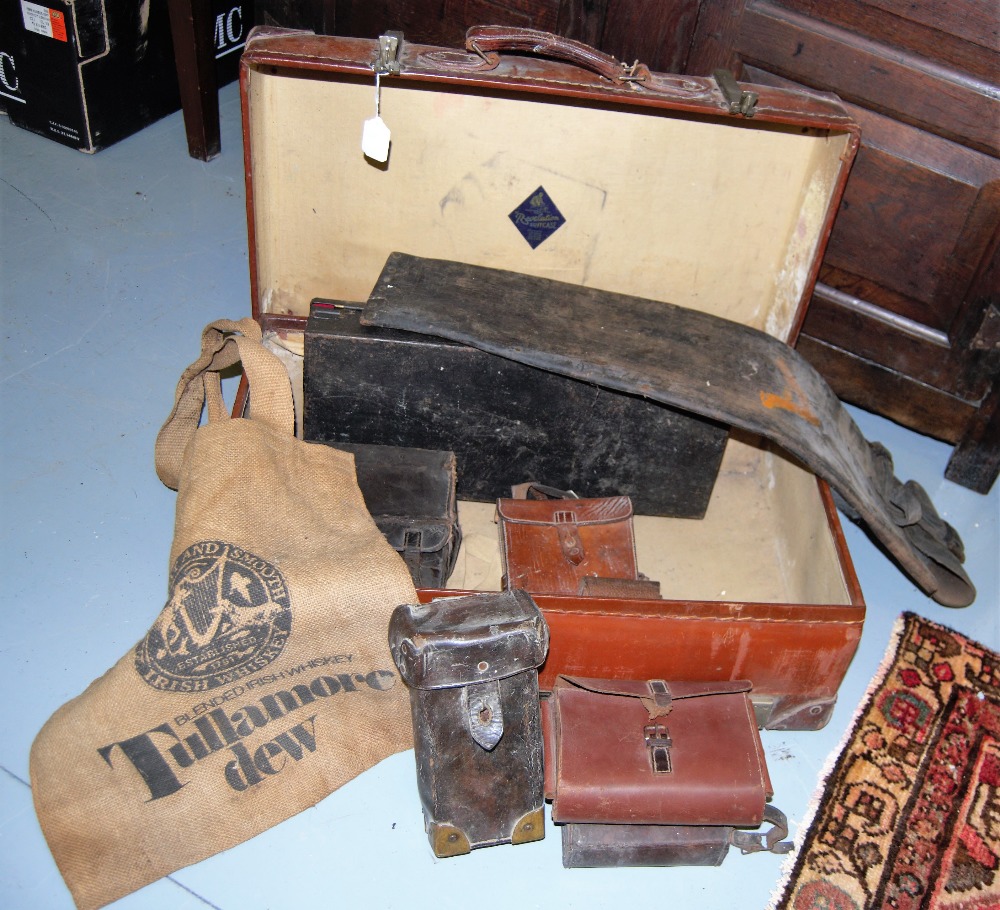 Leather suitcase (metal clasps) filled with small leather and other satchels & a wooden case &