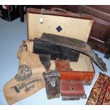 Leather suitcase (metal clasps) filled with small leather and other satchels & a wooden case &