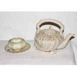 1st Period Belleek Teapot on seashell & an early Belleek sugar bowl and saucer (3) (small chips on