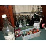 Box of coloured and other small bottles & 6 assorted large spirit bottles & box of miniature