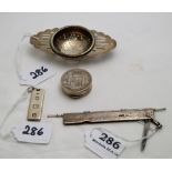 4 silver items – tea strainer, cartouche, ruler (with pens & Spanish coin case (4)