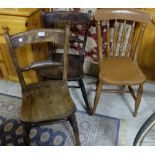Pair of elm kitchen chairs and single spindle back chair