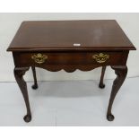 Mahogany Side Table with an apron drawer, brass handles, Queen Ann legs, 31”w x 27”h