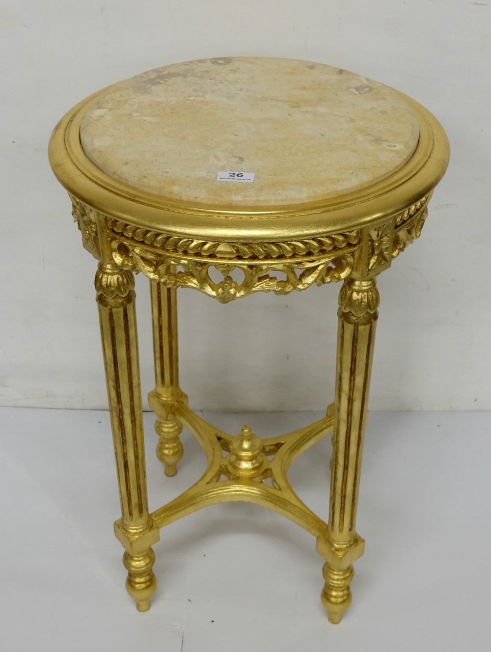 Circular Occasional Table, painted gold with a beige marble top, 19” dia