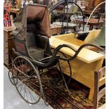 19thC Child’s Wooden Carriage, on metal wheels, leather hood, 52”w x 50”h